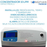 Concentrador de Oxígeno Longfian 10 Litros Estacionario Médico con Pantalla LCD Alarmas de Seguridad y Humidificador Integrado Bajo Nivel Sonoro Alto Rendimiento