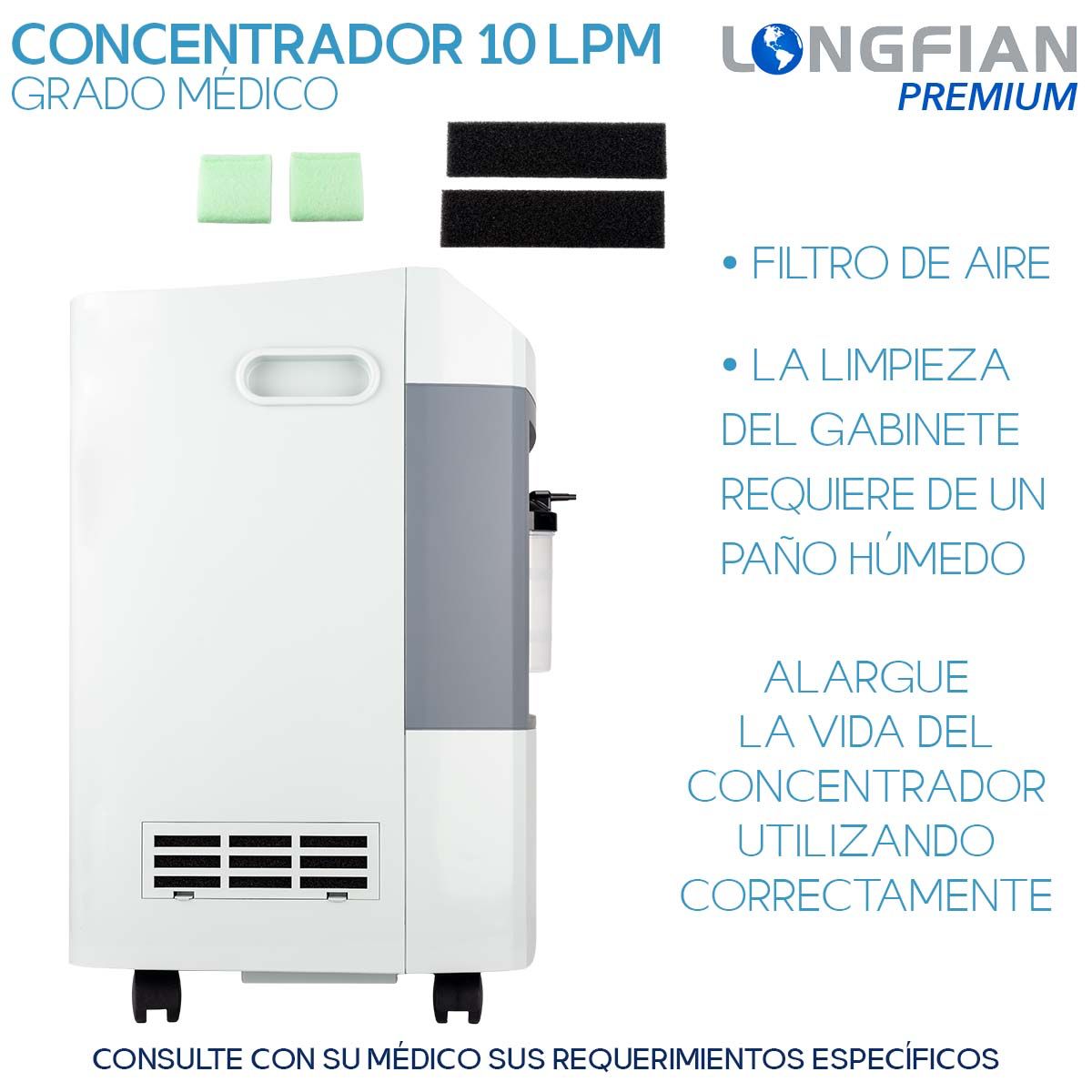 Concentrador de Oxígeno Longfian 10 Litros Estacionario Médico con Pantalla LCD Alarmas de Seguridad y Humidificador Integrado Bajo Nivel Sonoro Alto Rendimiento