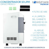 Concentrador de Oxígeno Longfian 10 Litros Estacionario Médico con Pantalla LCD Alarmas de Seguridad y Humidificador Integrado Bajo Nivel Sonoro Alto Rendimiento