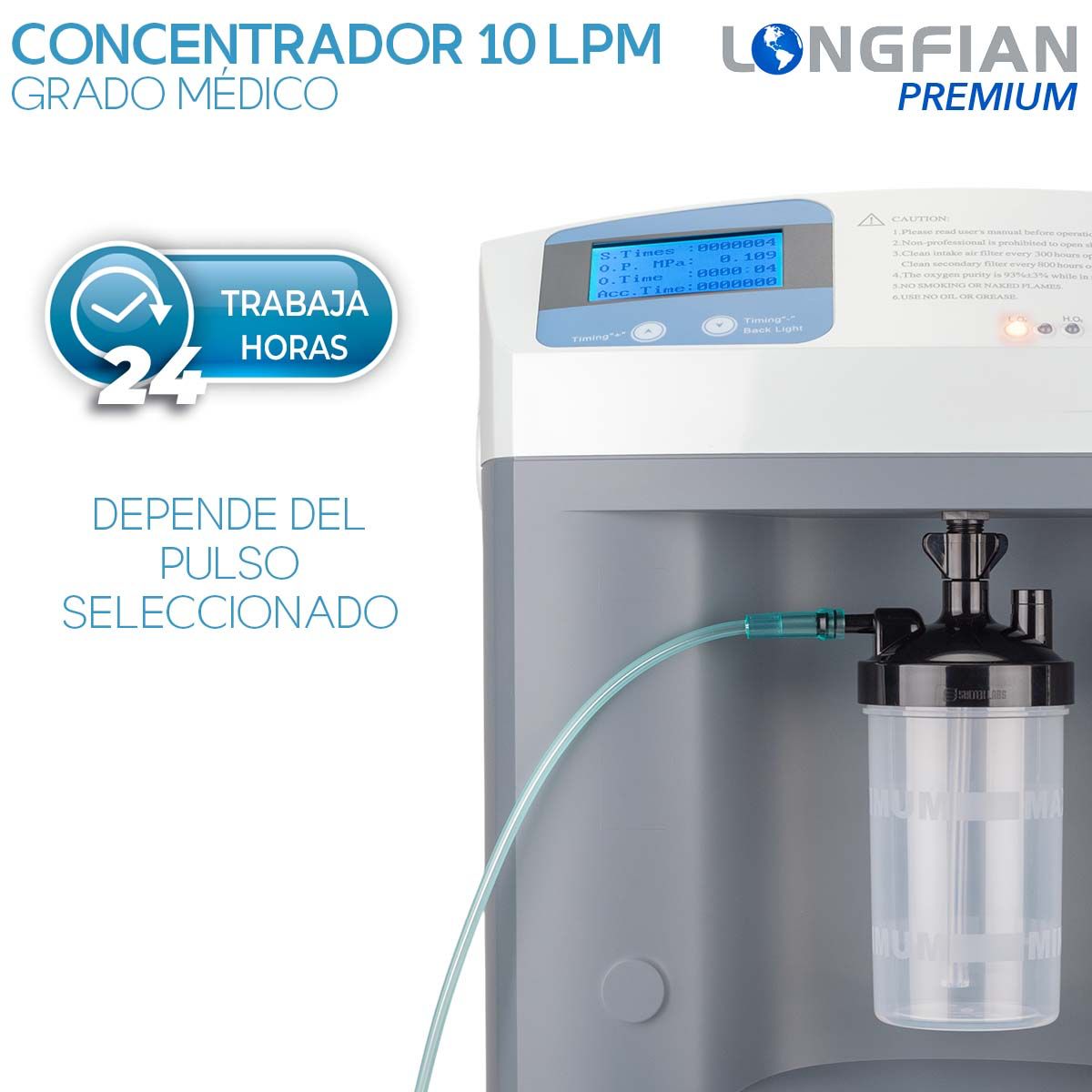 Concentrador de Oxígeno Longfian 10 Litros Estacionario Médico con Pantalla LCD Alarmas de Seguridad y Humidificador Integrado Bajo Nivel Sonoro Alto Rendimiento