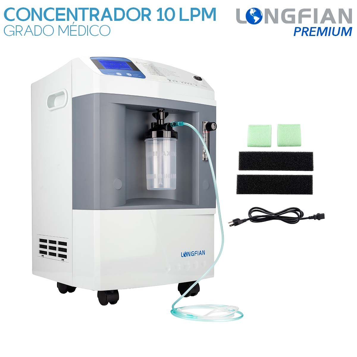 Concentrador de Oxígeno Longfian 10 Litros Estacionario Médico con Pantalla LCD Alarmas de Seguridad y Humidificador Integrado Bajo Nivel Sonoro Alto Rendimiento