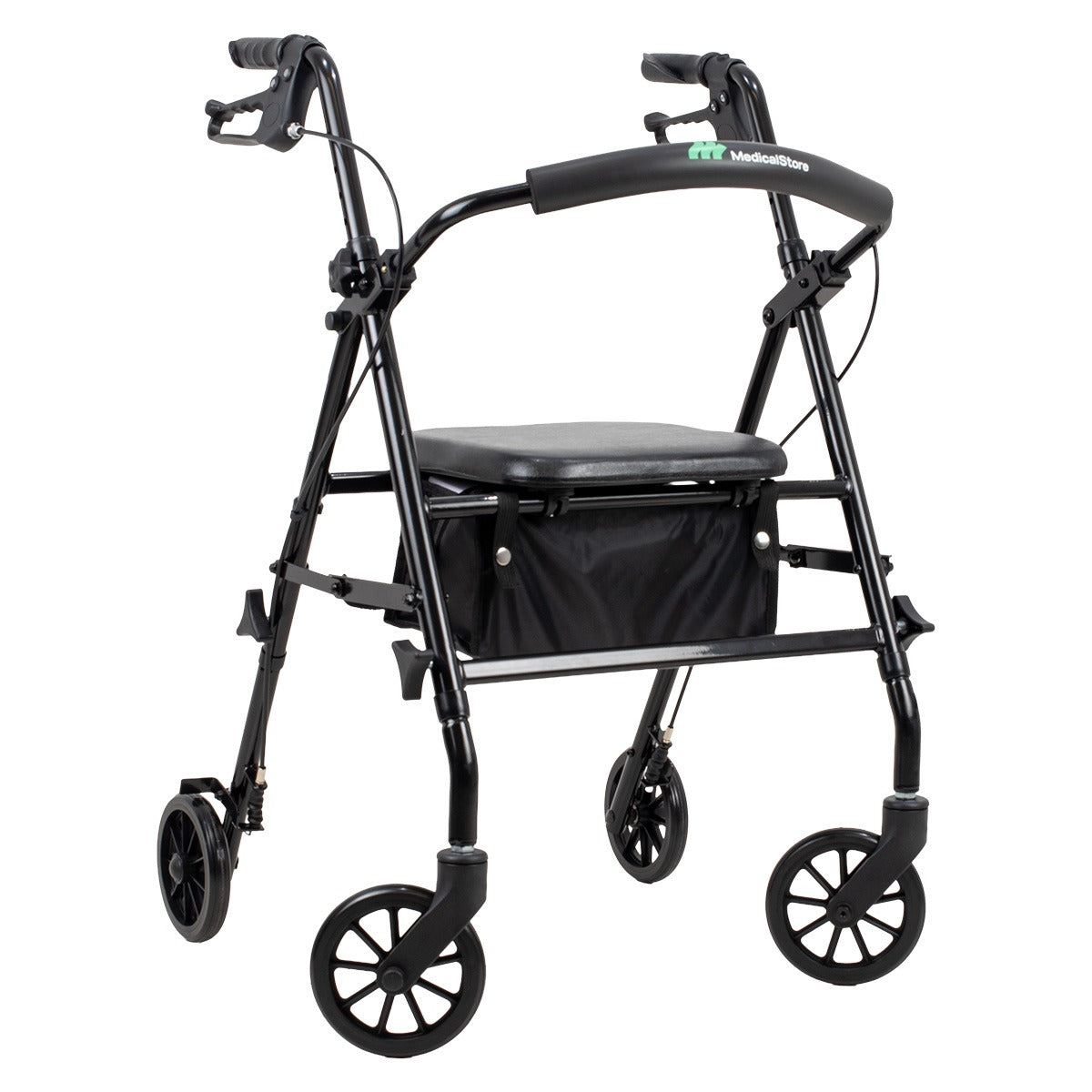 Andadera ortopédica rollator adulto plegable, asiento con respaldo acolchado y bolso, ruedas de 6 pulgadas, color negro.