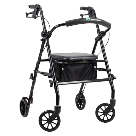 Andadera ortopédica rollator adulto plegable, asiento con respaldo acolchado y bolso, ruedas de 6 pulgadas, color negro.