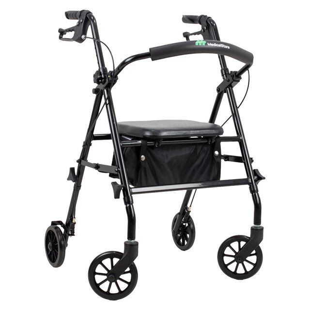 Andadera ortopédica rollator adulto plegable, asiento con respaldo acolchado y bolso, ruedas de 6 pulgadas, color negro.