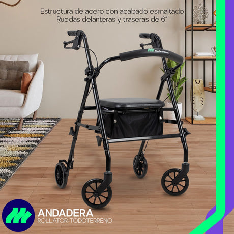 Andadera ortopédica rollator adulto plegable con asiento y ruedas de 6" para personas mayores.