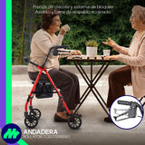 Andadera ortopédica rollator adulto plegable con asiento, ruedas de 6", respaldo acolchado y bolso porta objetos.