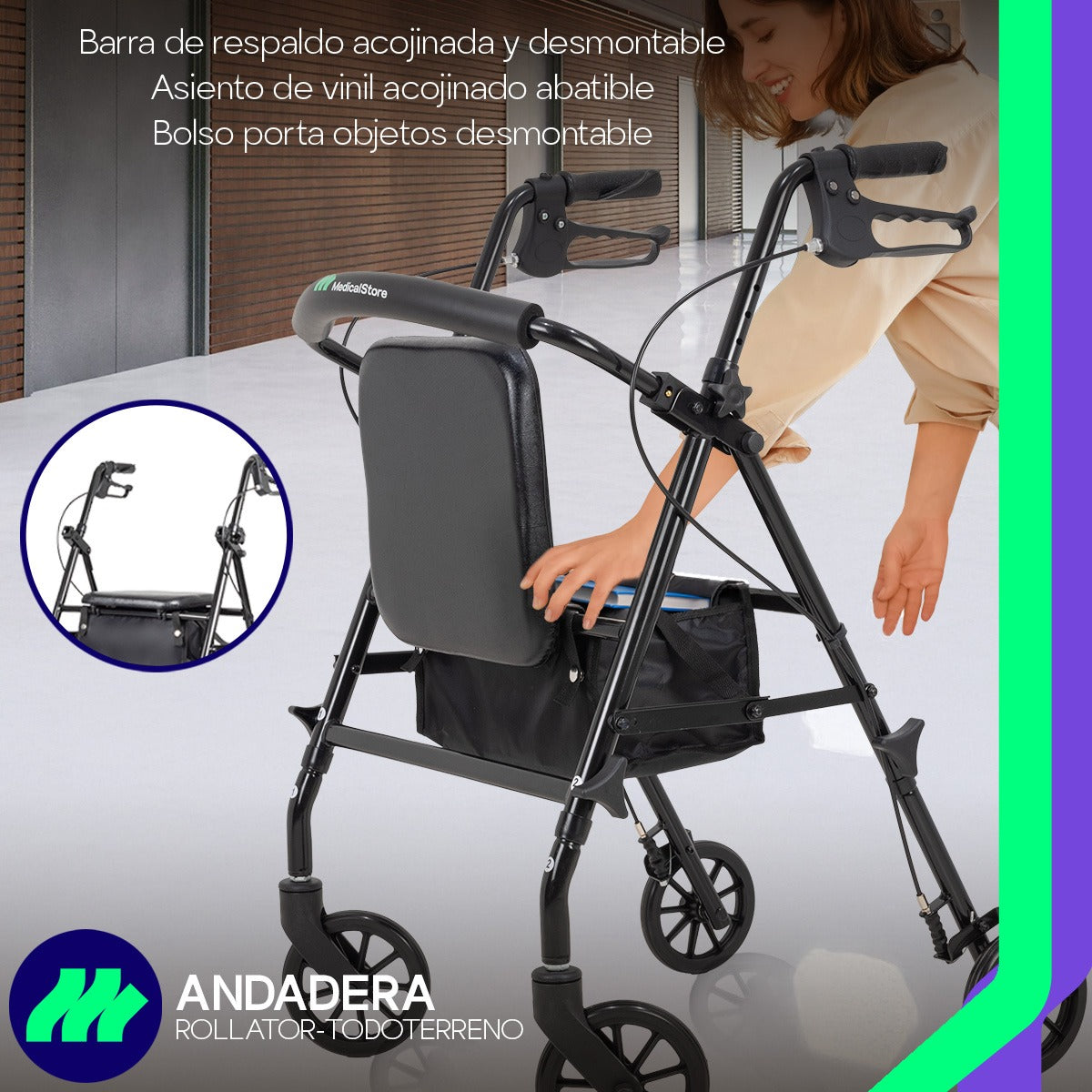 Andadera ortopédica rollator adulto plegable con asiento, respaldo acolchado y bolso porta objetos, ideal para personas mayores.