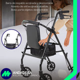 Andadera ortopédica rollator adulto plegable con asiento, respaldo acolchado y bolso porta objetos, ideal para personas mayores.