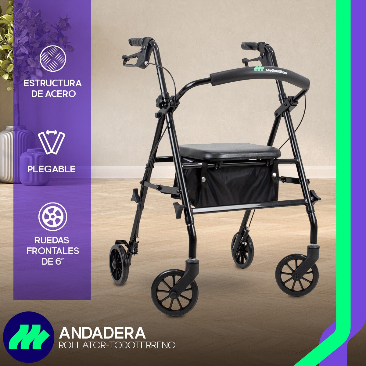 Andadera ortopédica rollator adulto plegable con ruedas de 6" y asiento, ideal para personas mayores.