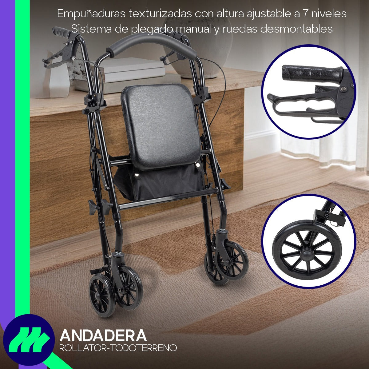 Andadera ortopédica rollator adulto plegable con asiento, ruedas y empuñaduras ajustables para personas mayores.