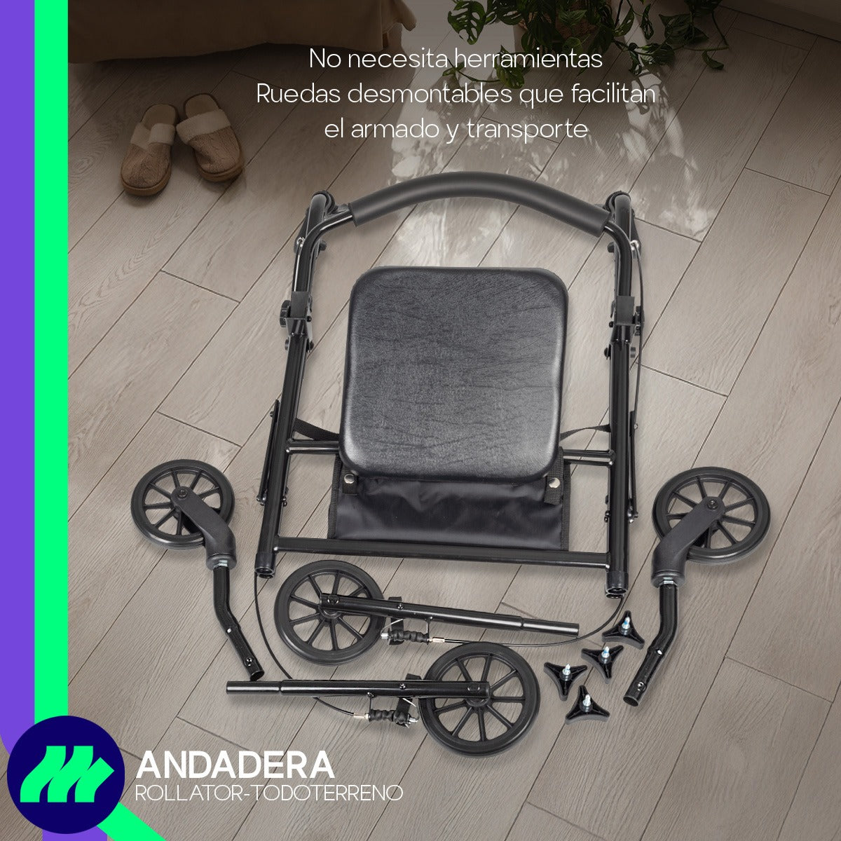 Andadera ortopédica rollator adulto plegable con ruedas desmontables y asiento, ideal para facilitar el transporte.