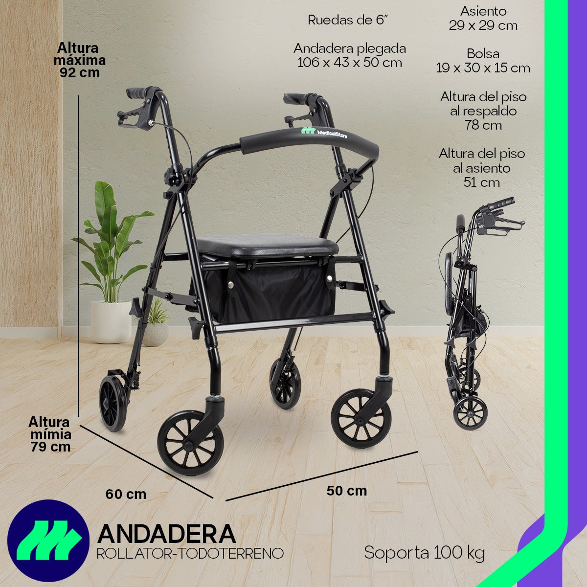Andadera ortopédica rollator adulto con ruedas de 6" y características como respaldo acolchado y bolsa resistente.
