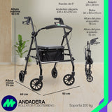 Andadera ortopédica rollator adulto con ruedas de 6" y características como respaldo acolchado y bolsa resistente.