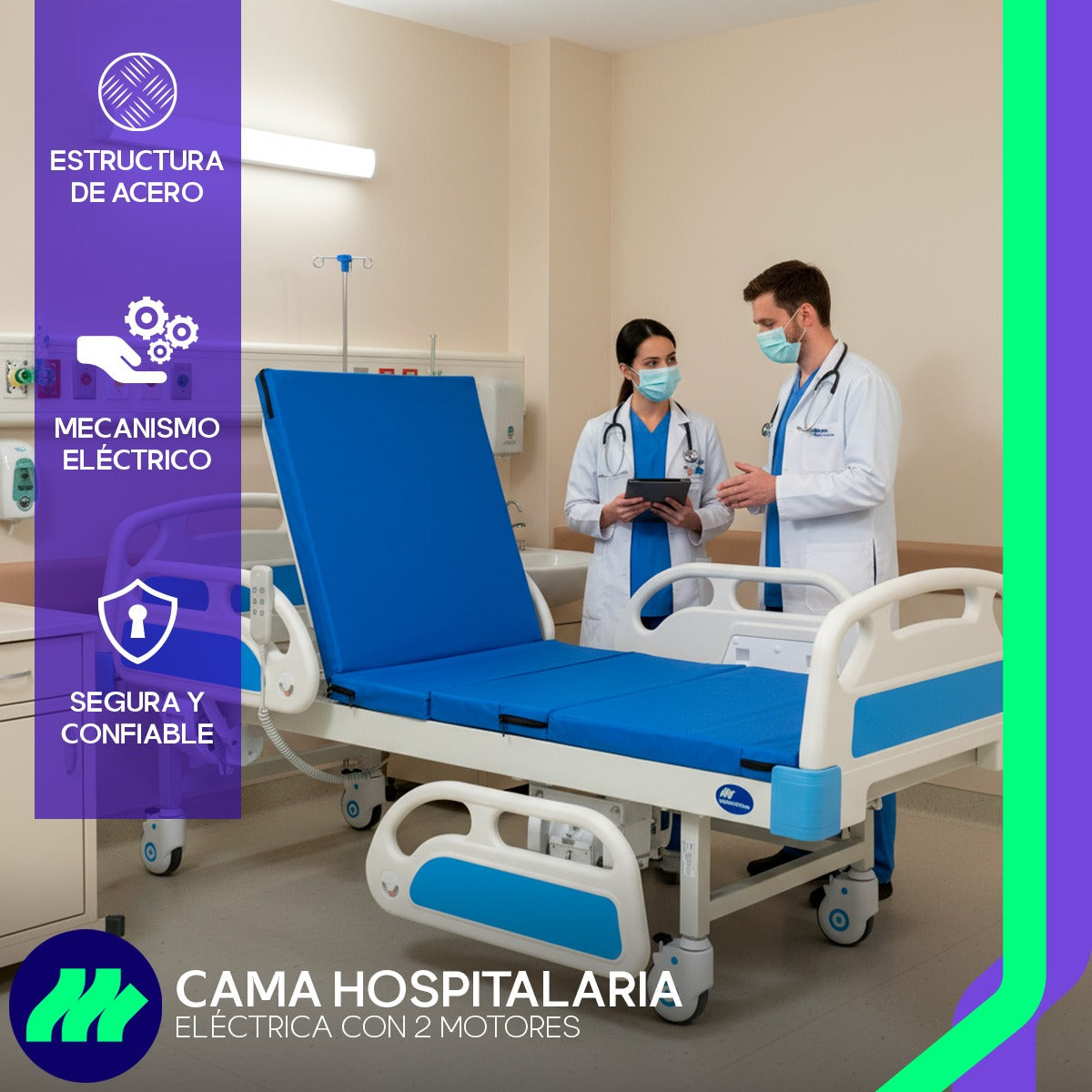 Cama Hospitalaria Eléctrica control alámbrico con 6 funciones, colchón seccionado con cubierta impermeable, transpirable y antibacteriano, mesa de sobreponer y porta suero con 4 ganchos.