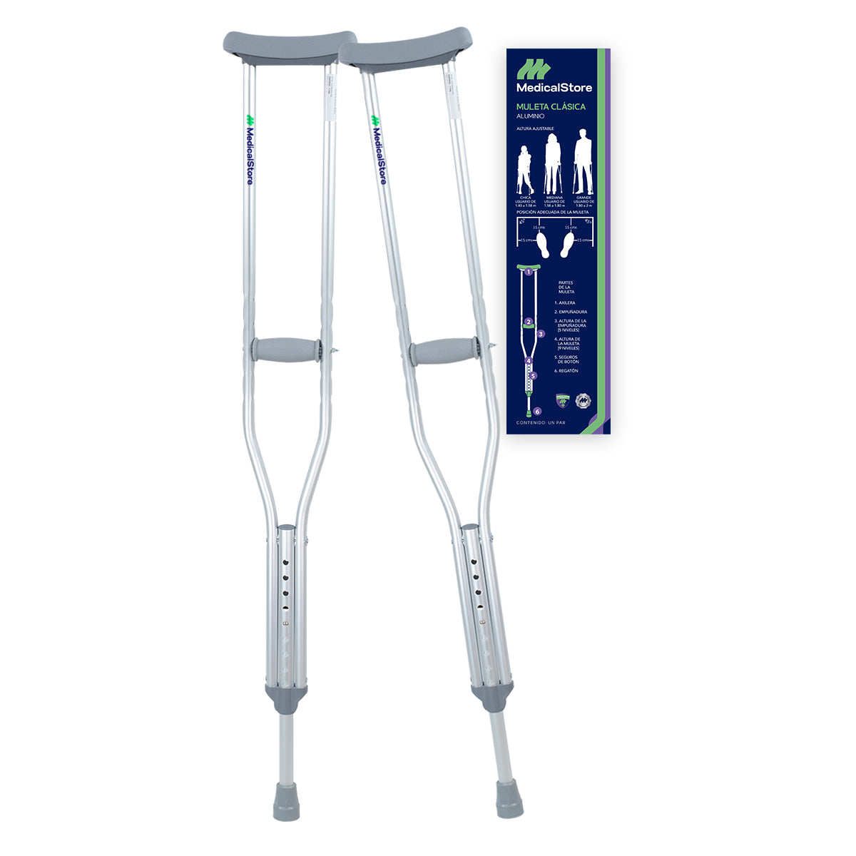 Muletas Axilares Ajustables En Altura De Aluminio Con Regatones Antiderrapantes