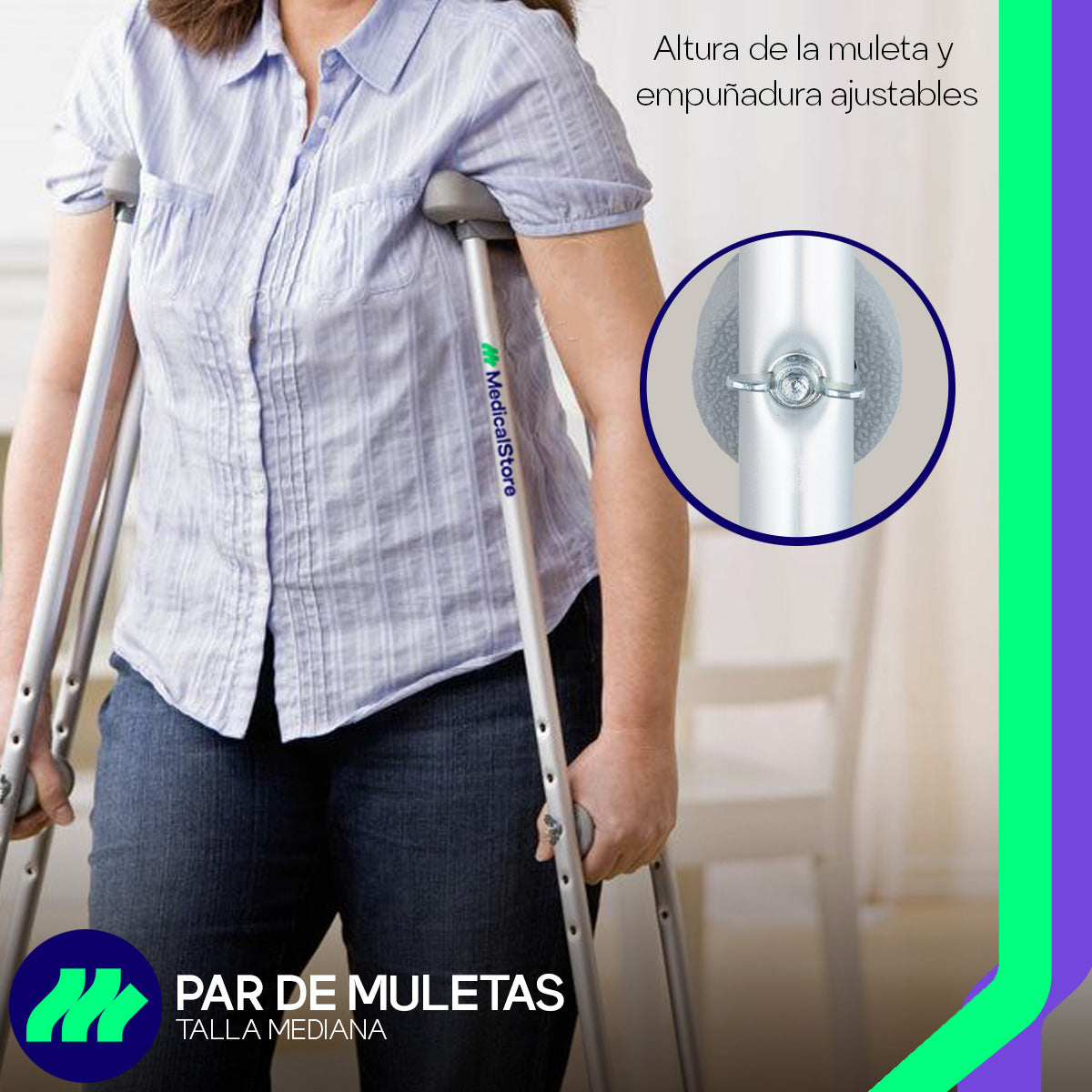 Muletas Axilares Ajustables En Altura De Aluminio Con Regatones Antiderrapantes