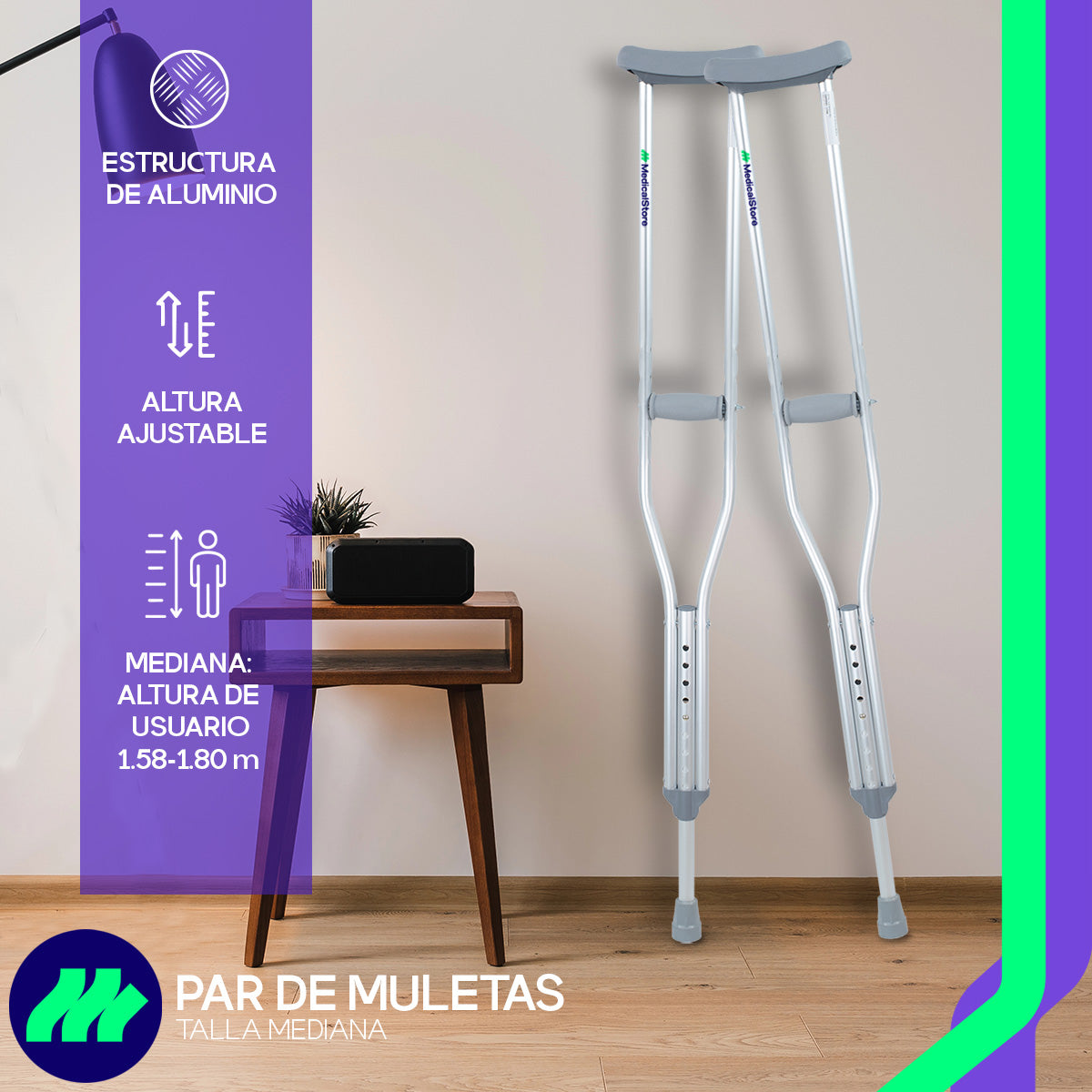 Muletas Axilares Ajustables En Altura De Aluminio Con Regatones Antiderrapantes