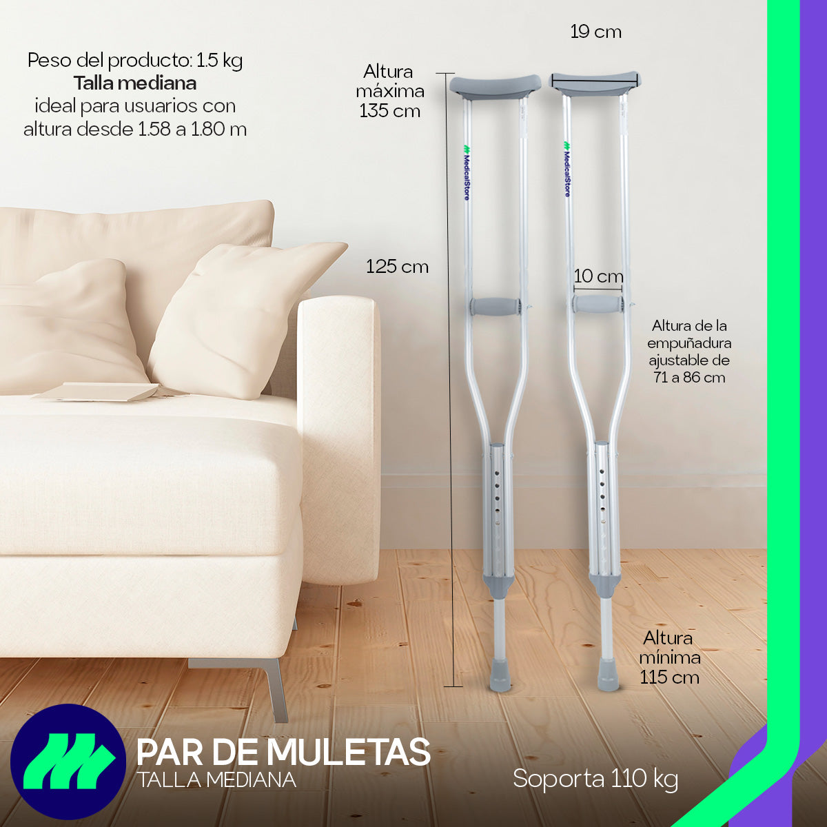 Muletas Axilares Ajustables En Altura De Aluminio Con Regatones Antiderrapantes