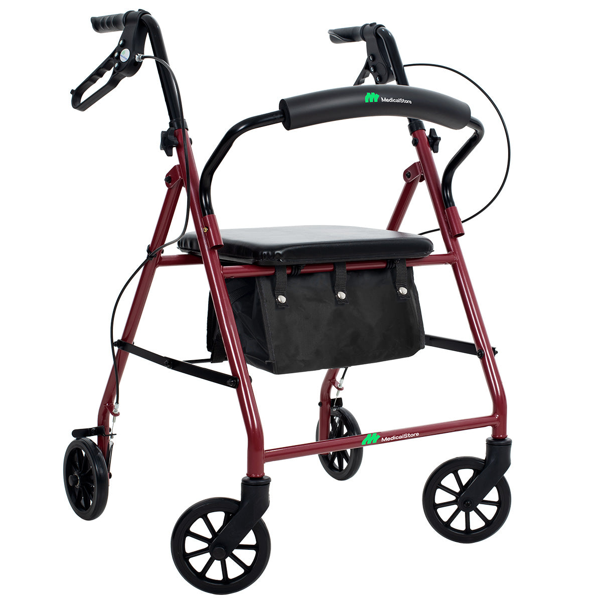 Andadera Ortopédica Rollator Plegable Con Asiento Frenos Chicote Ruedas Giratorias Todo Terreno Adulto Altura Ajustable Respaldo Acojinado Bolsa Porta Objetos Medical Store