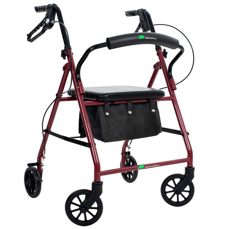 Andadera Ortopédica Rollator Plegable Con Asiento Frenos Chicote Ruedas Giratorias Todo Terreno Adulto Altura Ajustable Respaldo Acojinado Bolsa Porta Objetos Medical Store