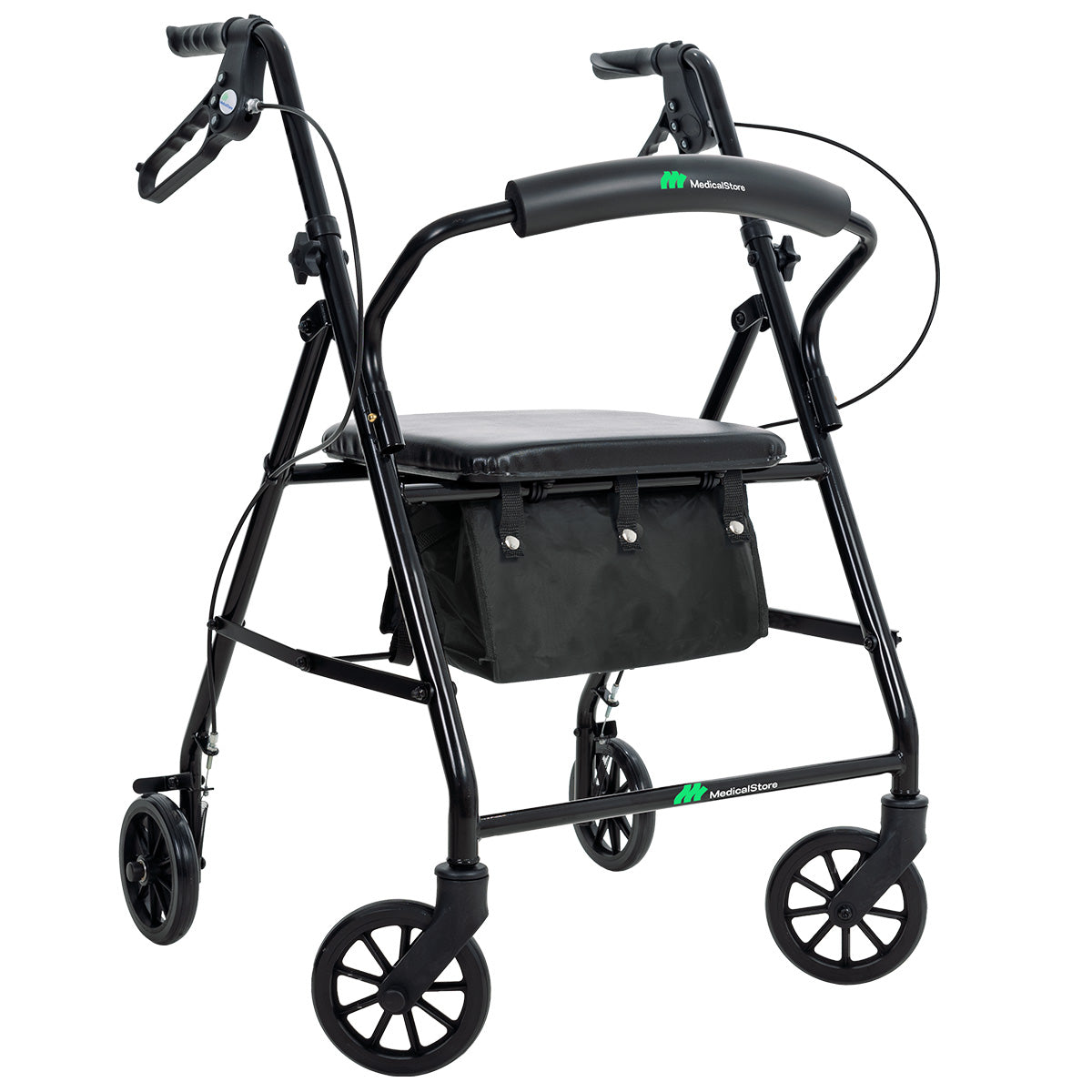 Andadera Ortopédica Rollator Plegable Con Asiento Frenos Chicote Ruedas Giratorias Todo Terreno Adulto Altura Ajustable Respaldo Acojinado Bolsa Porta Objetos Medical Store