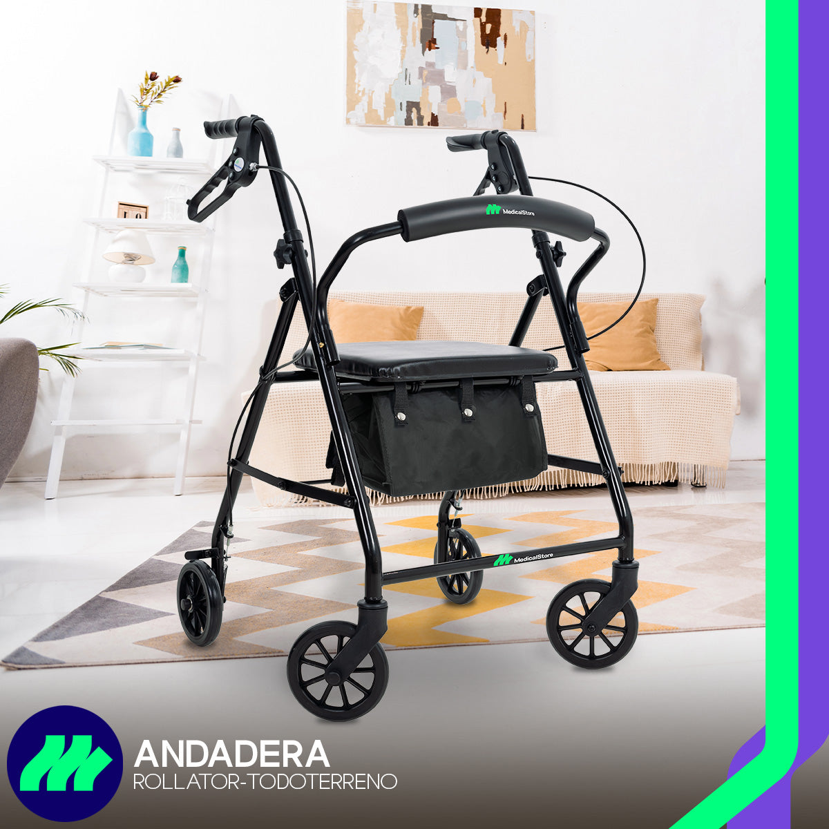 Andadera Ortopédica Rollator Plegable Con Asiento Frenos Chicote Ruedas Giratorias Todo Terreno Adulto Altura Ajustable Respaldo Acojinado Bolsa Porta Objetos Medical Store
