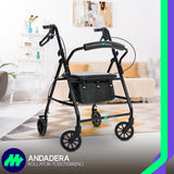 Andadera Ortopédica Rollator Plegable Con Asiento Frenos Chicote Ruedas Giratorias Todo Terreno Adulto Altura Ajustable Respaldo Acojinado Bolsa Porta Objetos Medical Store