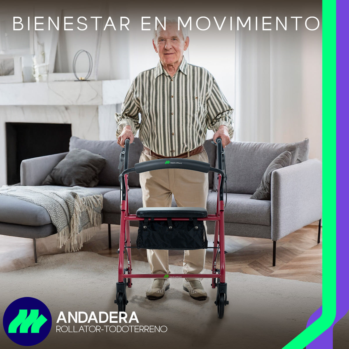Andadera Ortopédica Rollator Plegable Con Asiento Frenos Chicote Ruedas Giratorias Todo Terreno Adulto Altura Ajustable Respaldo Acojinado Bolsa Porta Objetos Medical Store