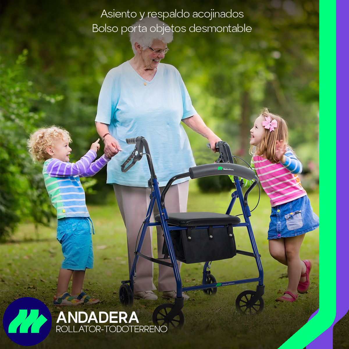 Andadera Ortopédica Rollator Plegable Con Asiento Frenos Chicote Ruedas Giratorias Todo Terreno Adulto Altura Ajustable Respaldo Acojinado Bolsa Porta Objetos Medical Store