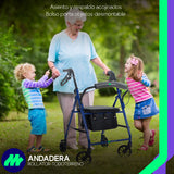 Andadera Ortopédica Rollator Plegable Con Asiento Frenos Chicote Ruedas Giratorias Todo Terreno Adulto Altura Ajustable Respaldo Acojinado Bolsa Porta Objetos Medical Store