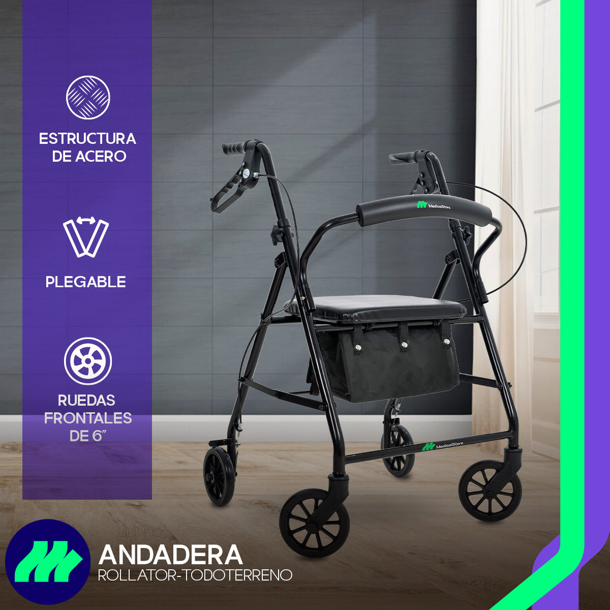 Andadera Ortopédica Rollator Plegable Con Asiento Frenos Chicote Ruedas Giratorias Todo Terreno Adulto Altura Ajustable Respaldo Acojinado Bolsa Porta Objetos Medical Store