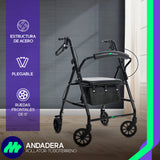 Andadera Ortopédica Rollator Plegable Con Asiento Frenos Chicote Ruedas Giratorias Todo Terreno Adulto Altura Ajustable Respaldo Acojinado Bolsa Porta Objetos Medical Store
