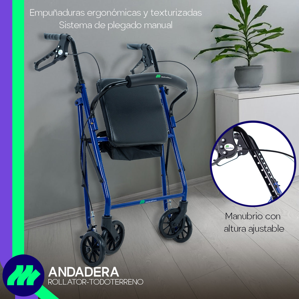 Andadera Ortopédica Rollator Plegable Con Asiento Frenos Chicote Ruedas Giratorias Todo Terreno Adulto Altura Ajustable Respaldo Acojinado Bolsa Porta Objetos Medical Store