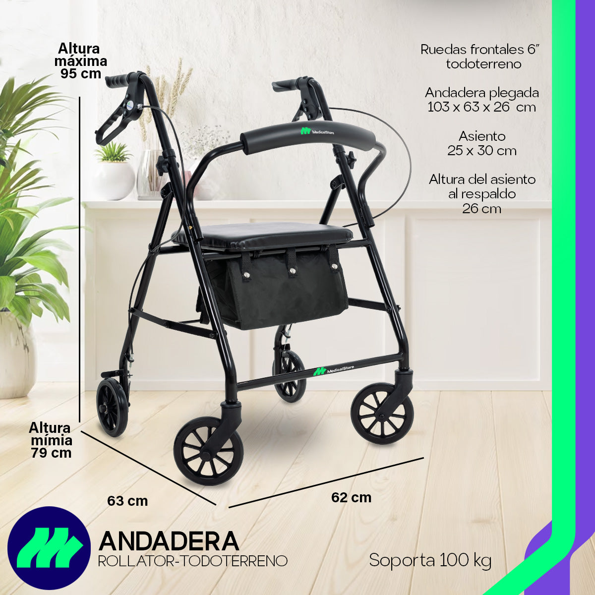Andadera Ortopédica Rollator Plegable Con Asiento Frenos Chicote Ruedas Giratorias Todo Terreno Adulto Altura Ajustable Respaldo Acojinado Bolsa Porta Objetos Medical Store