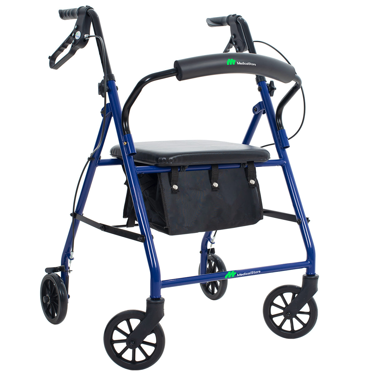 Andadera Ortopédica Rollator Plegable Con Asiento Frenos Chicote Ruedas Giratorias Todo Terreno Adulto Altura Ajustable Respaldo Acojinado Bolsa Porta Objetos Medical Store