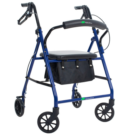 Andadera Ortopédica Rollator Plegable Con Asiento Frenos Chicote Ruedas Giratorias Todo Terreno Adulto Altura Ajustable Respaldo Acojinado Bolsa Porta Objetos Medical Store
