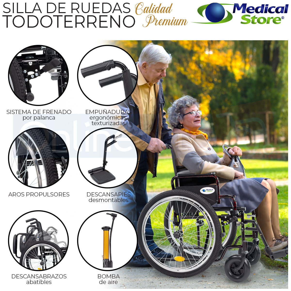 Silla De Ruedas Manual Neumática Plegable Acero Descansabrazos Abatibles Aros Propulsores Respaldo Con Bolso Ruedas Todo Terreno