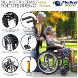 Silla De Ruedas Manual Neumática Plegable Acero Descansabrazos Abatibles Aros Propulsores Respaldo Con Bolso Ruedas Todo Terreno