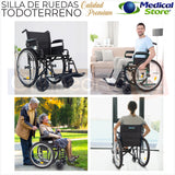 Silla De Ruedas Manual Neumática Plegable Acero Descansabrazos Abatibles Aros Propulsores Respaldo Con Bolso Ruedas Todo Terreno
