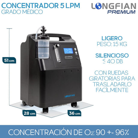 Concentrador de Oxígeno Longfian Negro 5L Estacionario con Nebulizador y Alarmas para Adultos y Niños Uso Clínico