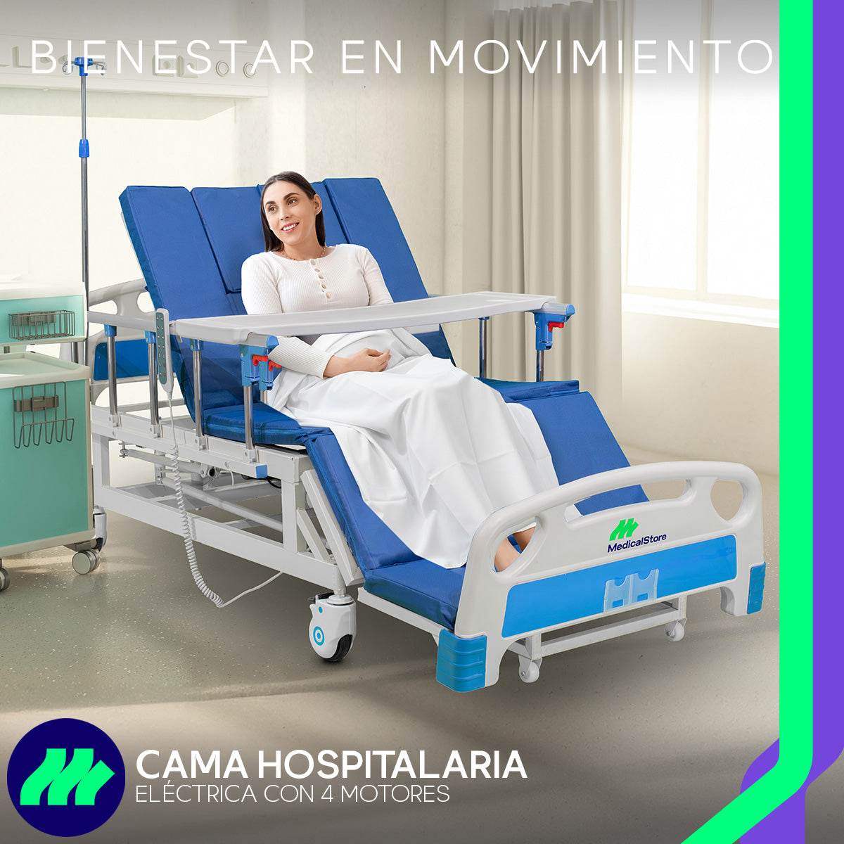 Cama médica 6 posiciones con control alámbrico, barandales abatibles y ruedas con freno de seguridad.