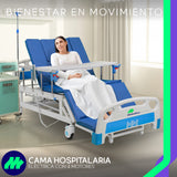 Cama médica 6 posiciones con control alámbrico, barandales abatibles y ruedas con freno de seguridad.