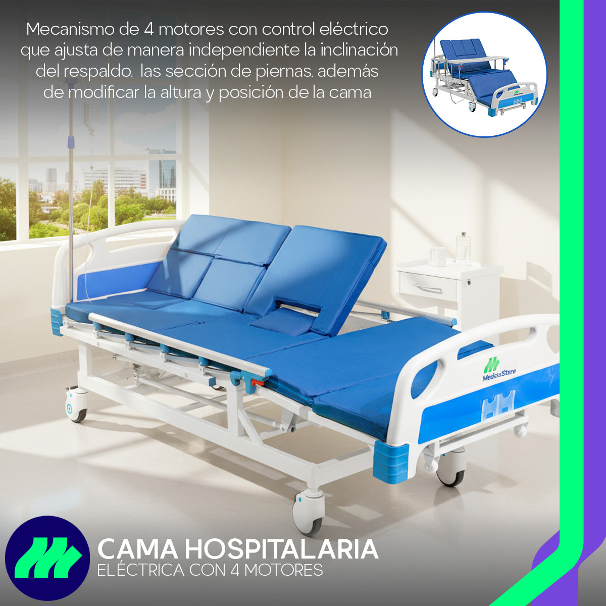 Cama hospitalaria eléctrica con WC integrado, mesa de sobreponer y porta suero telescópico de acero.