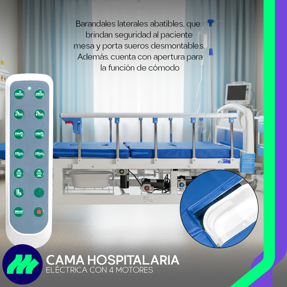 Cama clínica ajustable MedicalStore color blanco con cabecera y piecera en ABS desmontable.