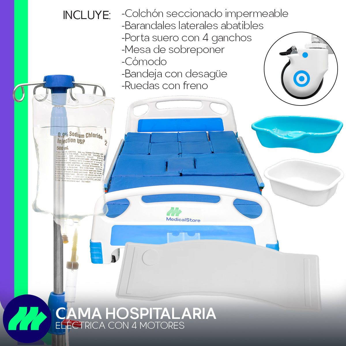 Cama hospitalaria 4 motores con cómodo, bandeja y estructura reforzada para hospitales y uso doméstico.