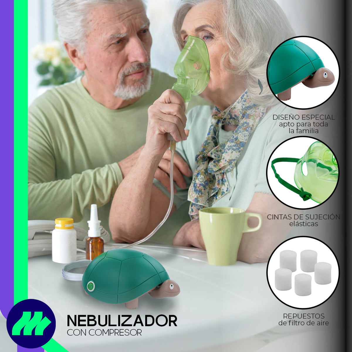 Nebulizador Médico Portátil Silencioso Mascarillas Adulto E Infantil Libre De Látex Tortuga