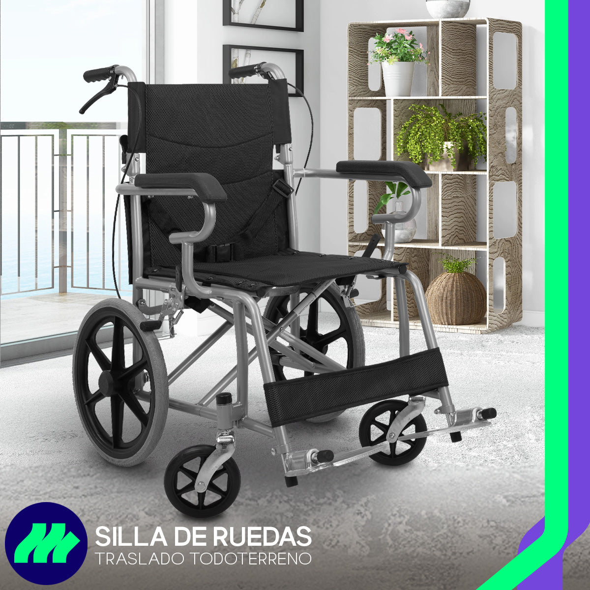 Silla de Ruedas Medical Store Plegable Todo Terreno Reforzada Acero con Frenos, Posapiés Abatibles y Respaldo Ergonómico
