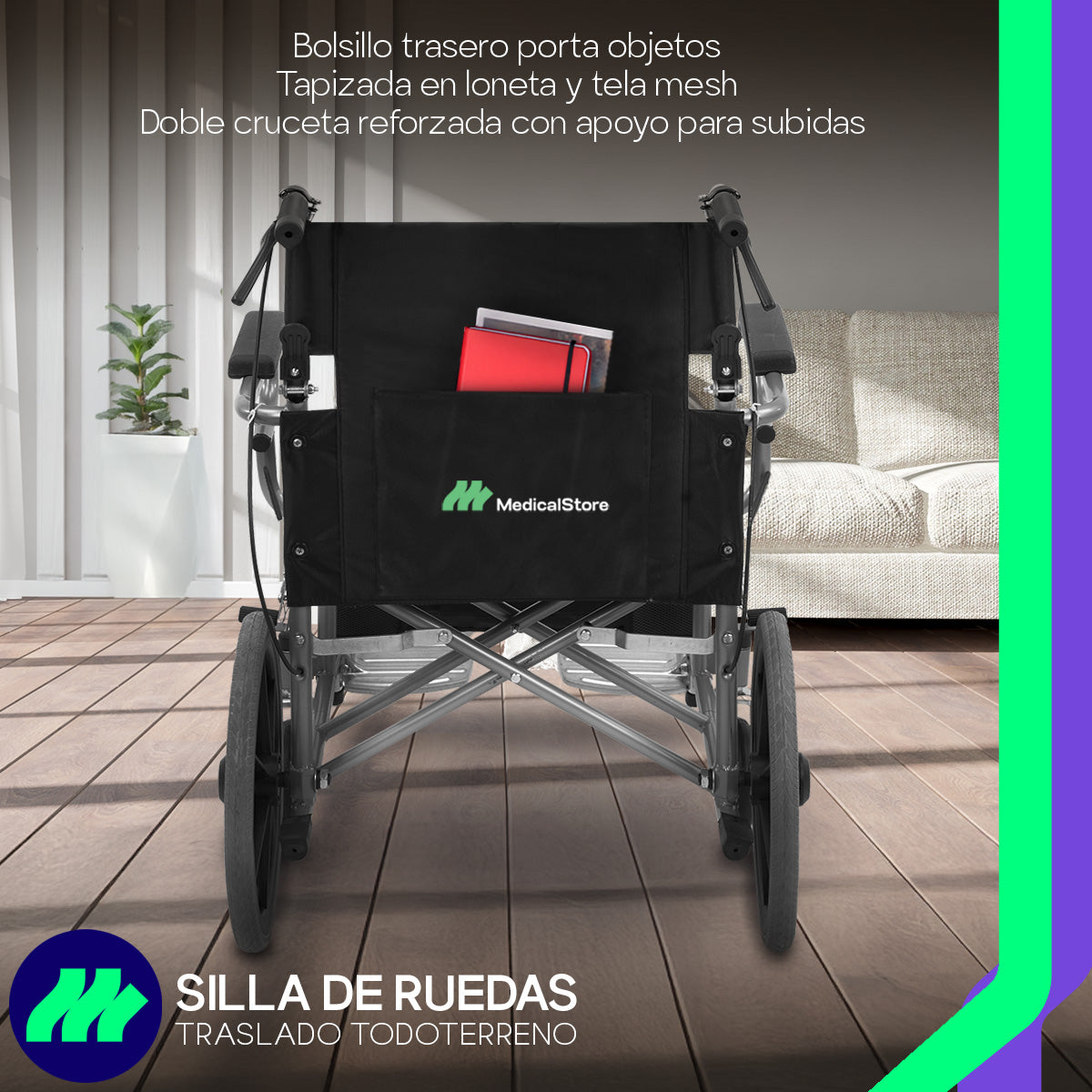 Silla de Ruedas Medical Store Plegable Todo Terreno Reforzada Acero con Frenos, Posapiés Abatibles y Respaldo Ergonómico