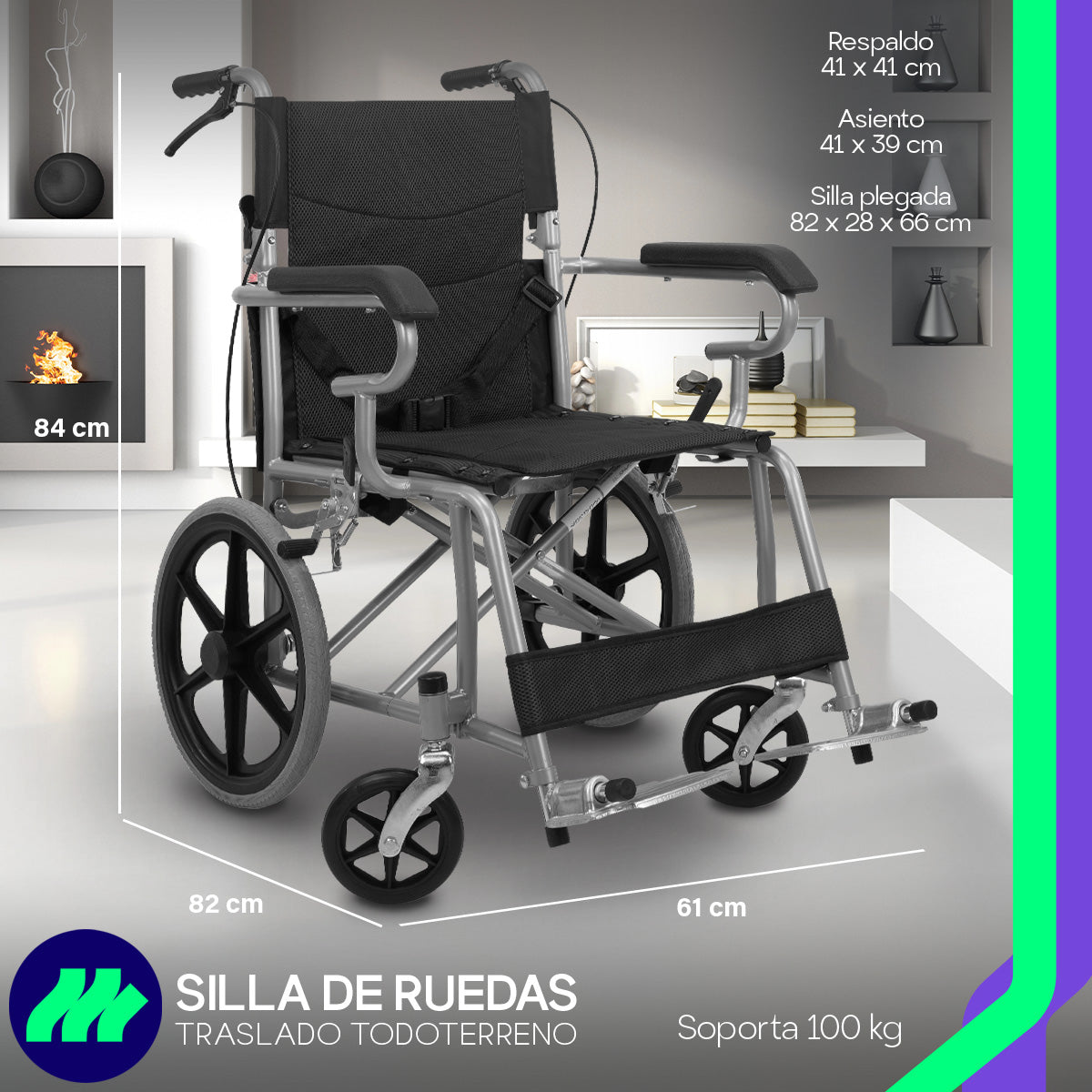 Silla de Ruedas Medical Store Plegable Todo Terreno Reforzada Acero con Frenos, Posapiés Abatibles y Respaldo Ergonómico
