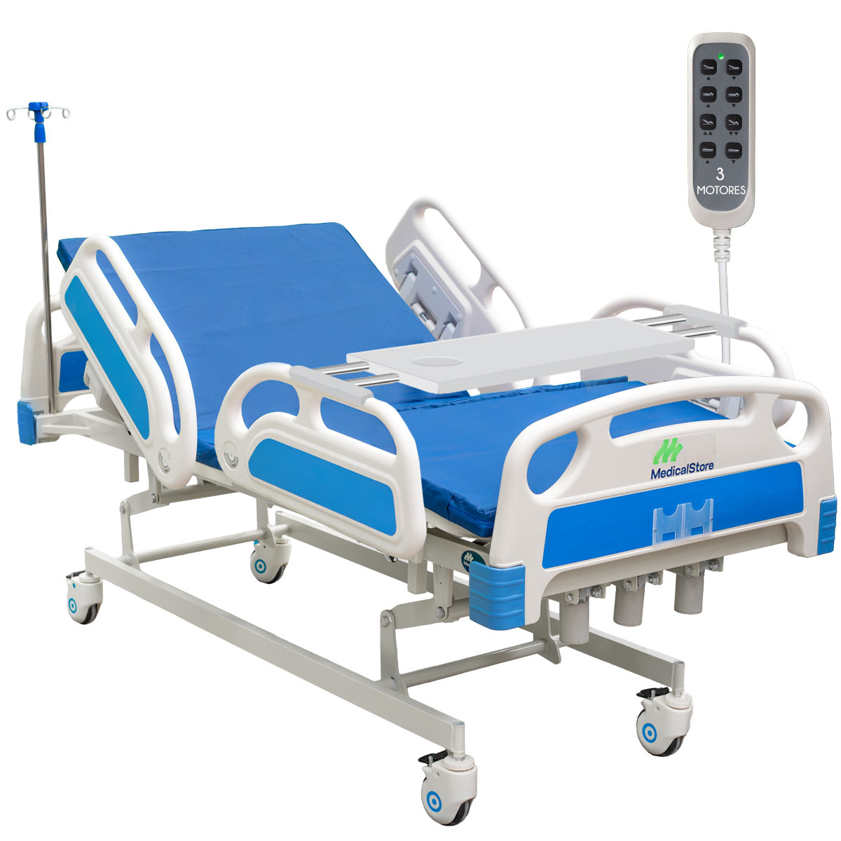 Cama Hospitalaria Eléctrica 3 Motores Posiciones Multi-Ajustables con Colchón Control Remoto Barandales Porta Suero Altura Ajustable